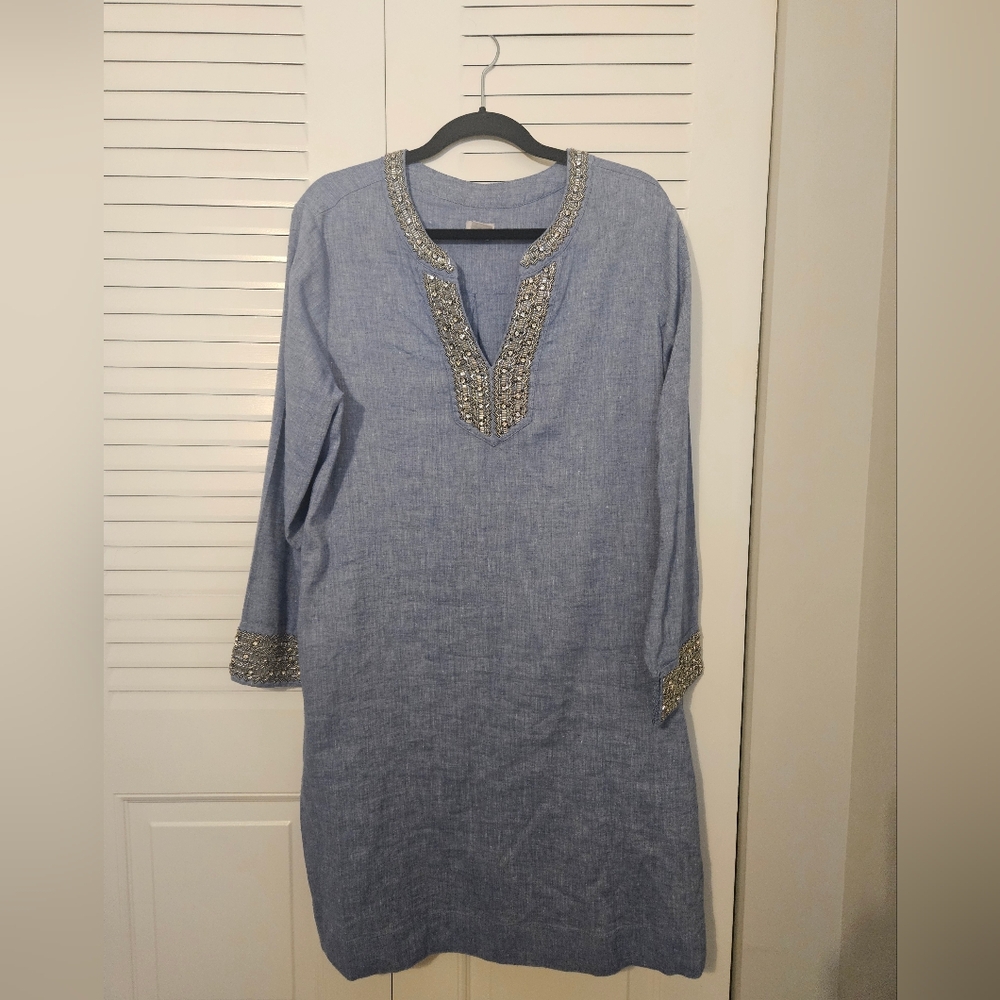 Chico's Size 3 Womens Chambray And Beaded Linen Dress
